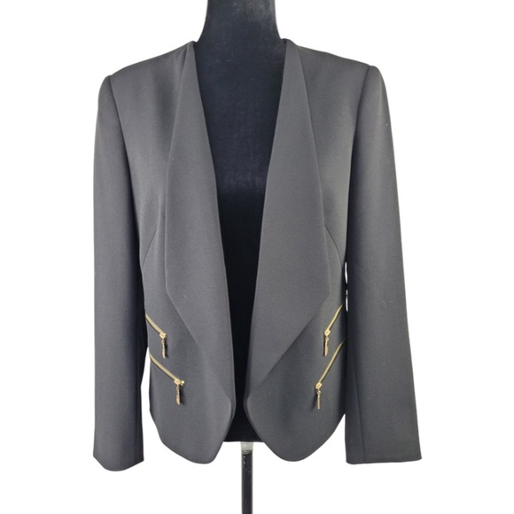 ANNE KLEIN BLACK CREPE GOLD ZIPPERS OPEN FRONT MOD STYLE JACKET COAT size S - Picture 1 of 13